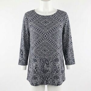 Lucky Brand Top 1X Black White Paisley Geometric Border Print Boho 3/4 Sleeve